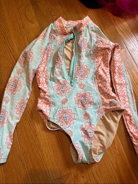 Cabana Life Girls Long-Sleeve One-Piece Swimsuit in Mint and Coral